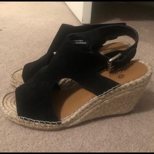 Black leather wedges